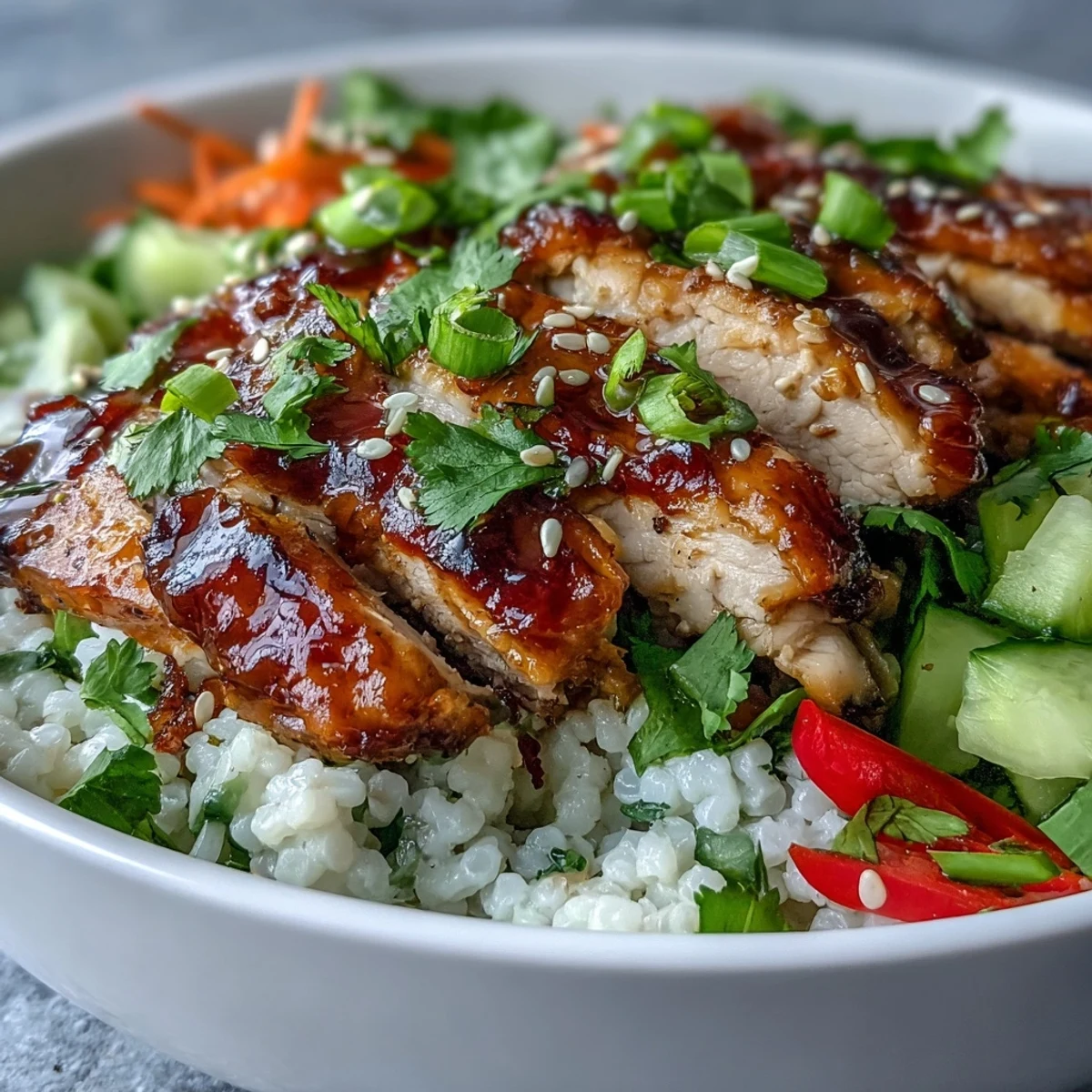 Sliced marinated chicken rests over fluffy pearl couscous in a vibrant bowl with cucumber and carrots, drizzled with tangy sesame-ginger dressing.