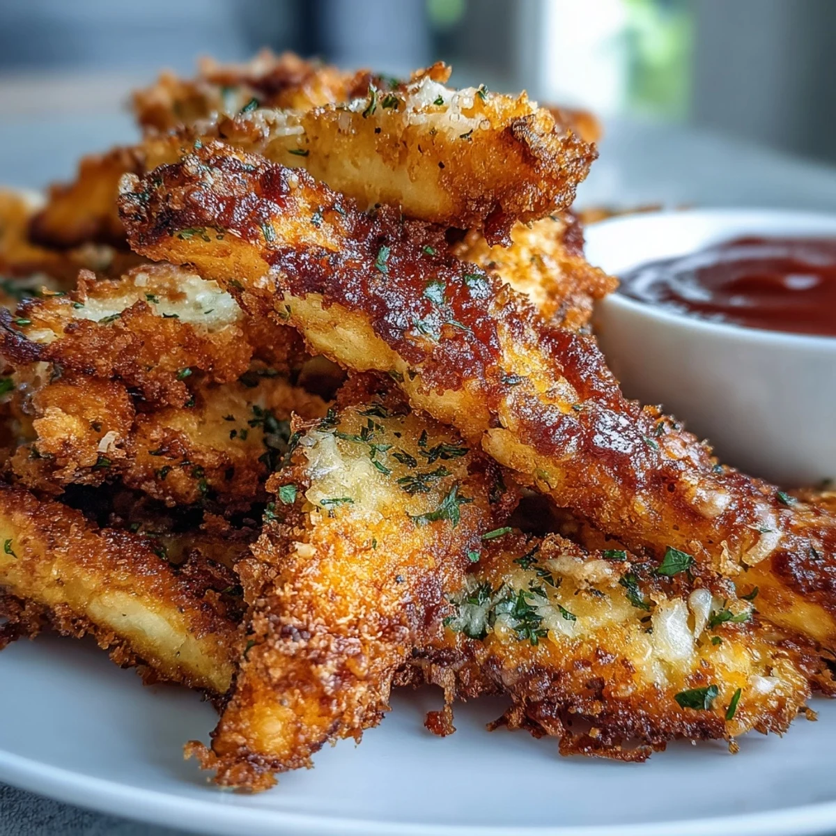 Golden-brown Crispy Baked Chicken Parmesan Fries are served with marinara and ranch dips for dipping.