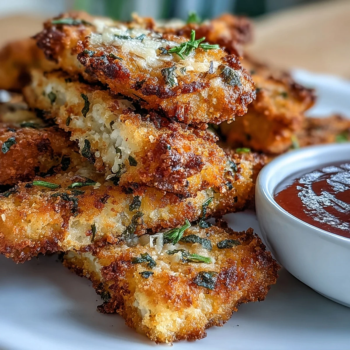 Freshly baked Crispy Baked Chicken Parmesan Fries are arranged on a plate with marinara sauce.