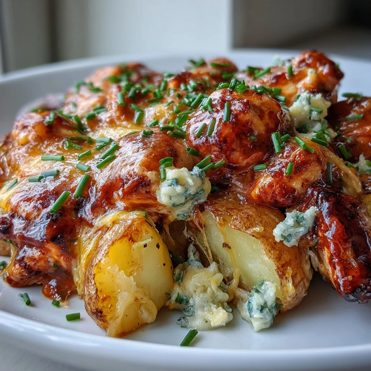 Zesty Buffalo Ranch Chicken Potato Bake in a baking dish with tender chicken and onions.
