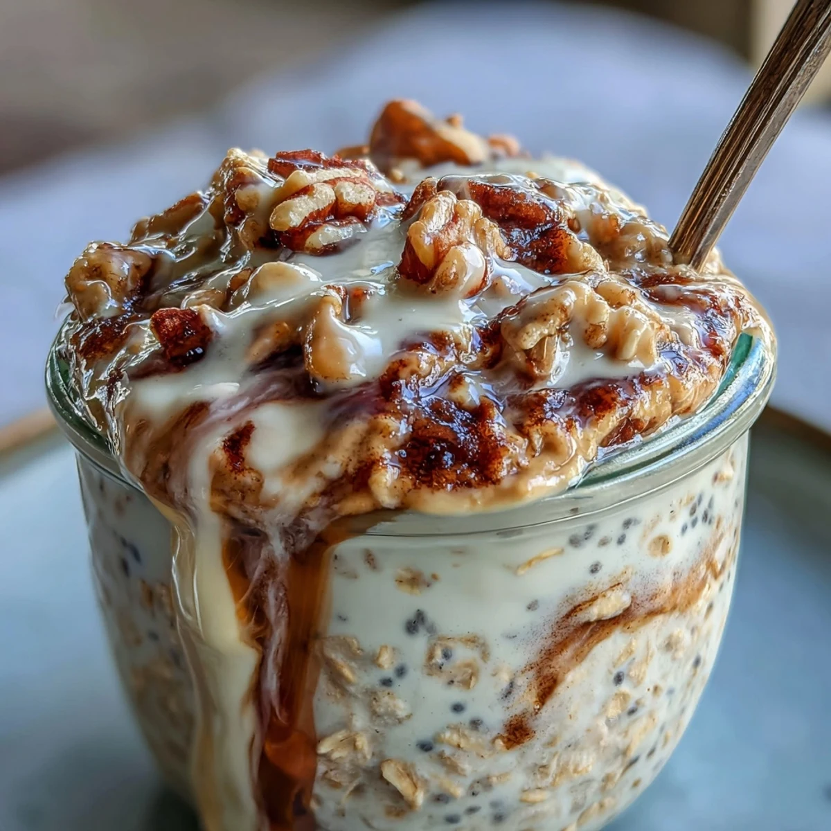 Thick and creamy overnight oats in a jar, swirled with cinnamon and topped with a sweet cream cheese drizzle for the High-Protein Cinnamon Roll Overnight Oats.