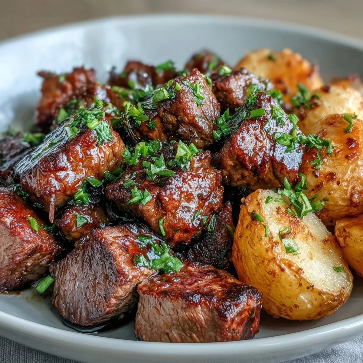 Golden Garlic Butter Steak & Potato Skillet with tender beef bites and crispy potatoes in a savory pan sauce.