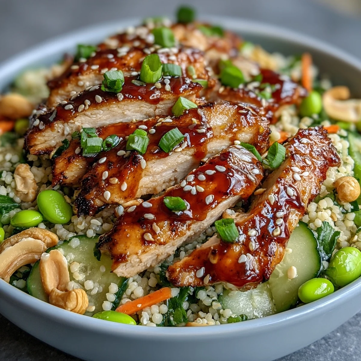 Bright orange roasted chicken slices sit atop a bowl of fluffy pearl couscous tossed with shredded carrots, crisp cucumbers, and edamame in a glossy sesame ginger dressing.