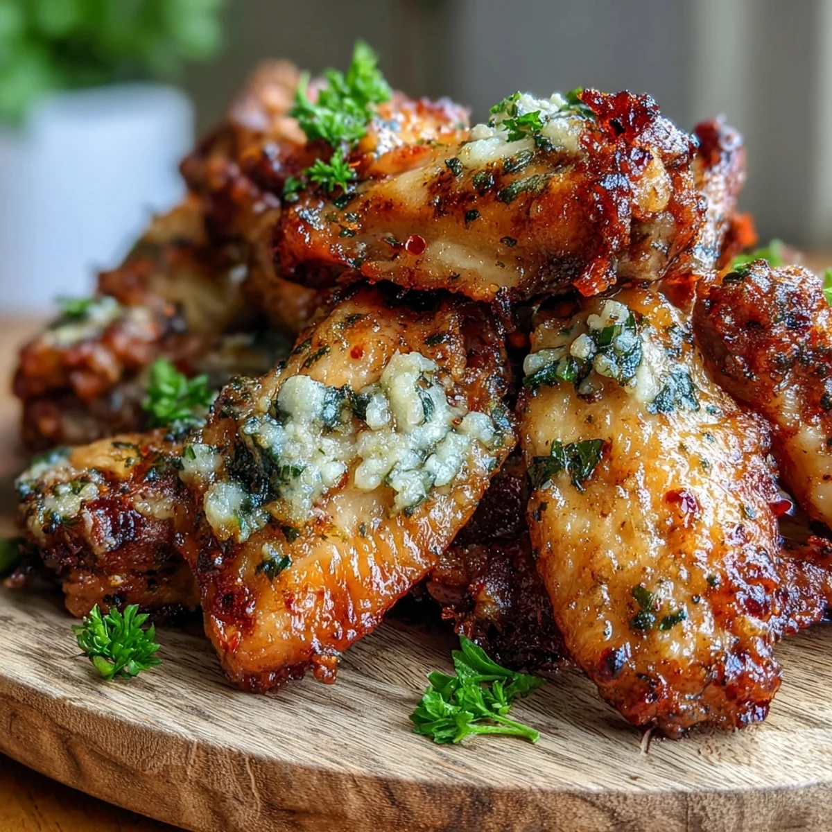 Golden-brown Keto Garlic Parmesan Baked Chicken Wings on a platter, garnished with fresh parsley and extra cheese for a savory bite.