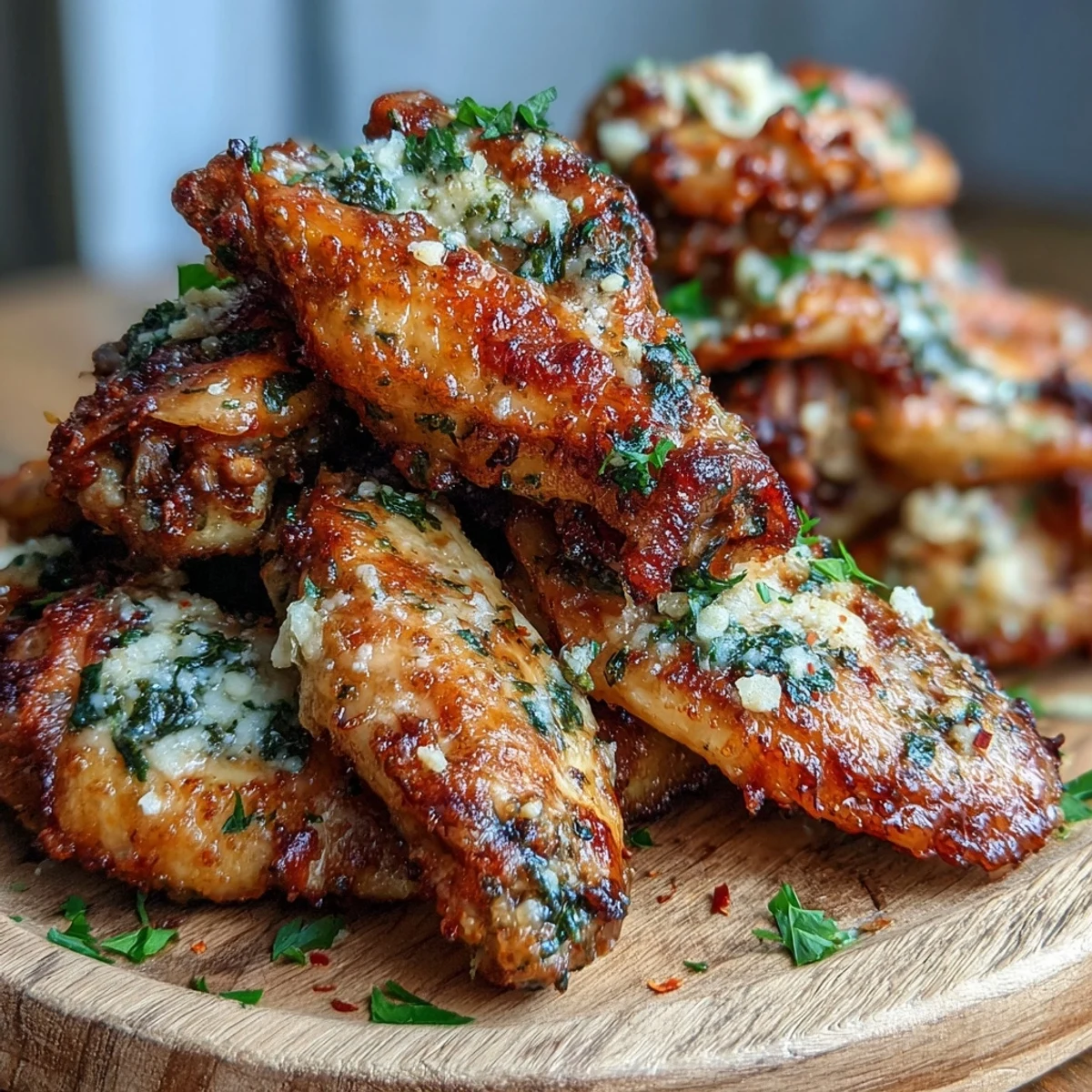 Close-up of Keto Garlic Parmesan Baked Chicken Wings with glistening garlic butter and melted Parmesan, ready for a game-day appetizer spread.