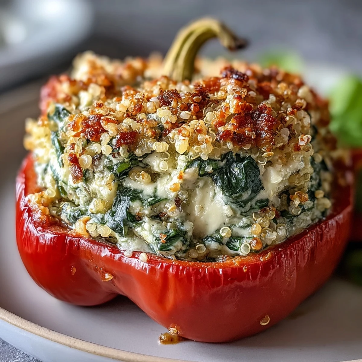 Hearty Vegan Spinach and Artichoke Stuffed Peppers served warm, garnished with fresh herbs and ready to enjoy for a nutritious dinner.