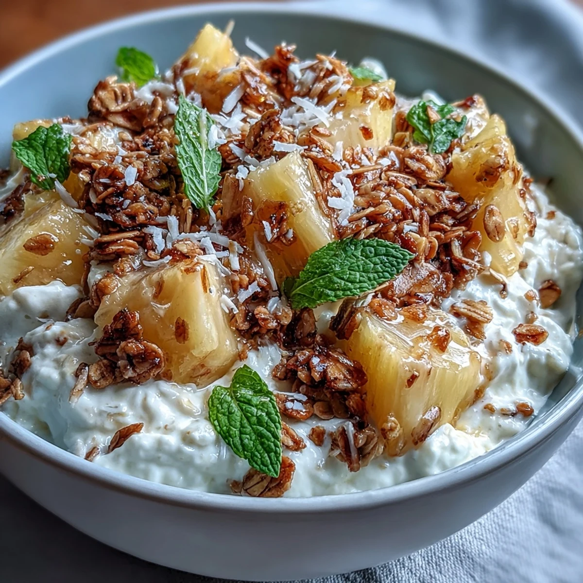 A close-up of the Cottage Cheese Breakfast Bowl with Pineapple and Granola, showing creamy curds topped with bright yellow chunks and toasted oats.