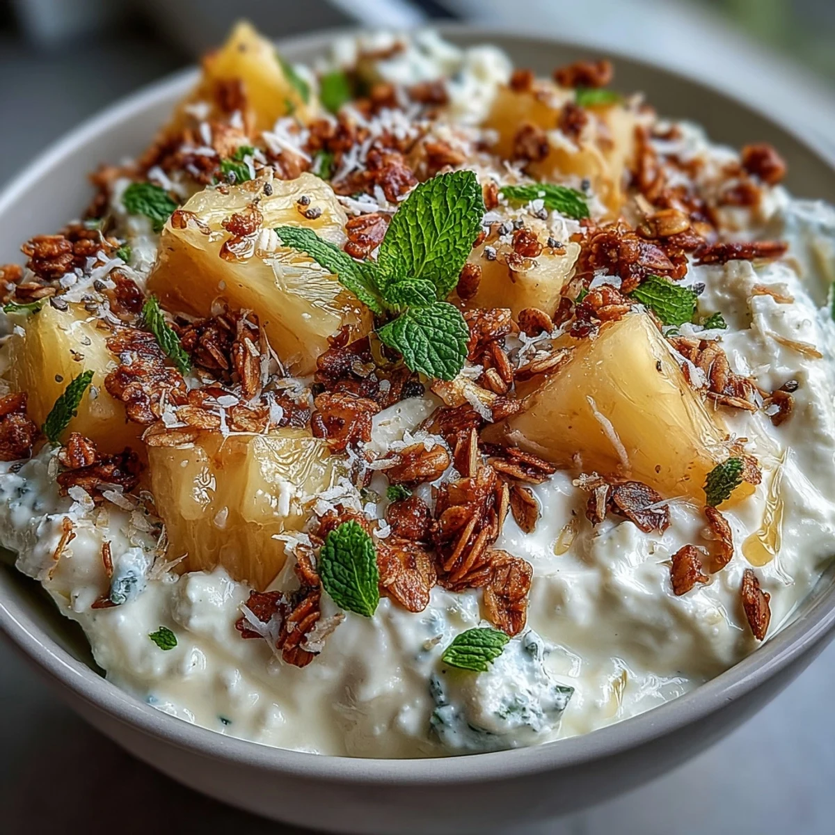 In this Cottage Cheese Breakfast Bowl with Pineapple and Granola, juicy fruit and crunchy granola sit atop cool, creamy cottage cheese in a white bowl.