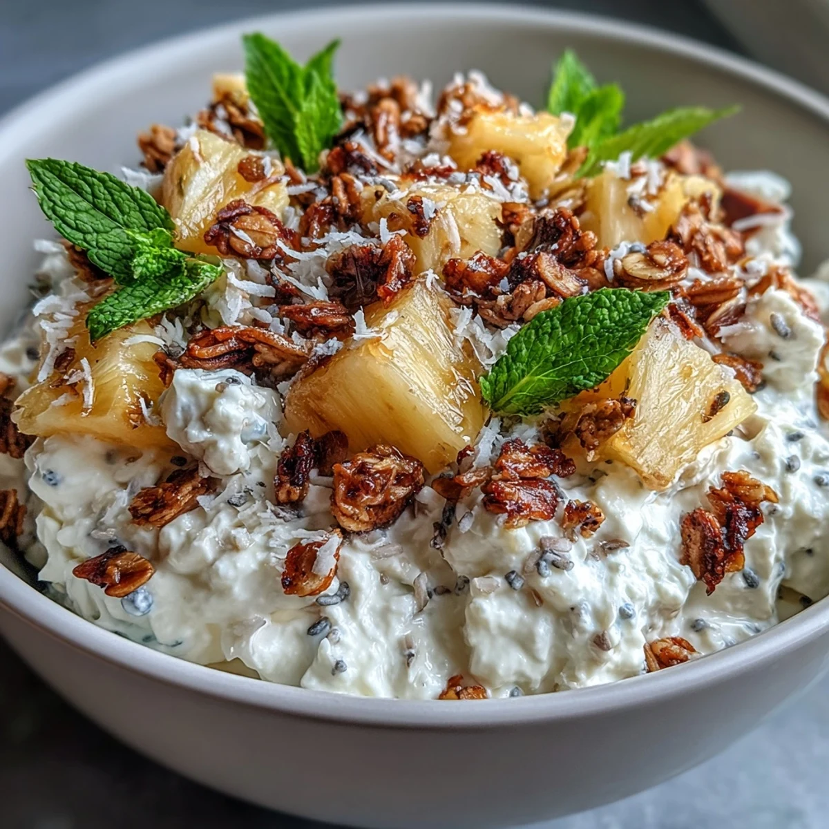 A serving of the Cottage Cheese Breakfast Bowl with Pineapple and Granola is garnished with fresh mint and drizzled with golden honey on a sunny table.