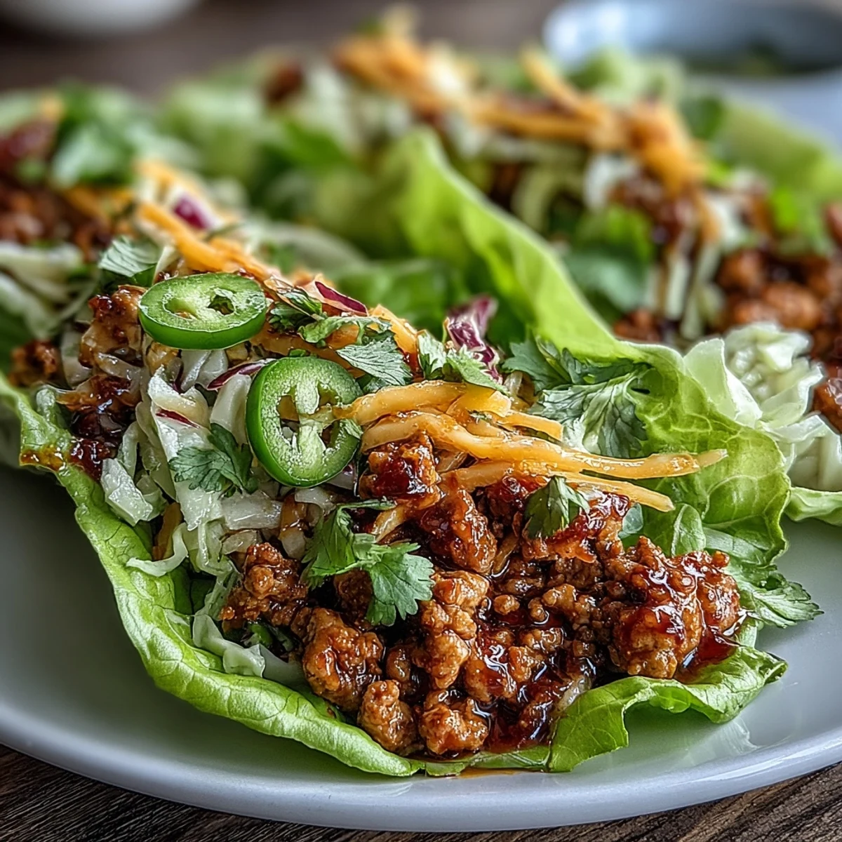 Crisp lettuce cups filled with spicy ground turkey and topped with tangy mango slaw for a light, refreshing taco meal.  