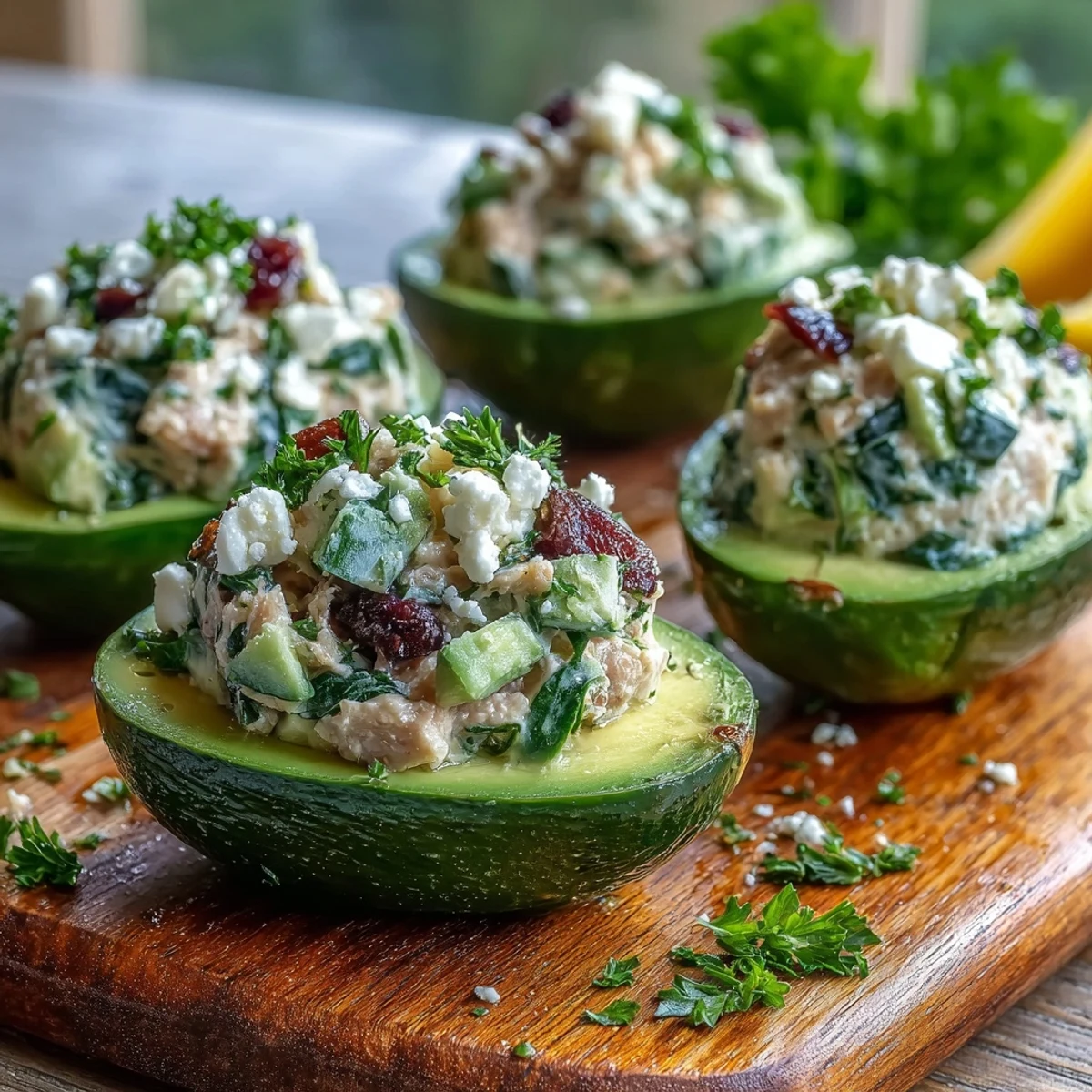 The Mediterranean Tuna Salad Stuffed Avocados displayed on a rustic plate, garnished with fresh parsley and olives.