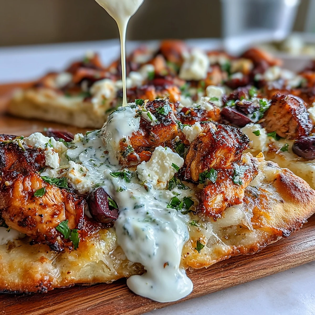 Greek-inspired Lemon Feta Chicken Naan Pizza featuring tender lemon-marinated chicken, melted mozzarella, and vibrant tzatziki sauce.  