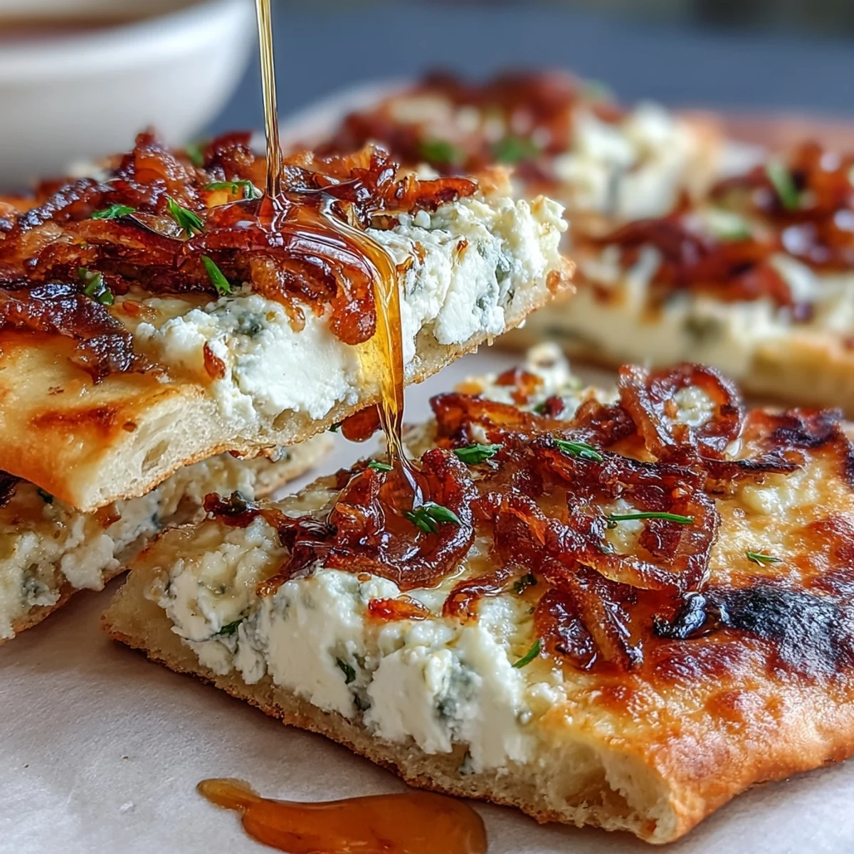 Tangy goat cheese spread over a crisp crust, layered with golden caramelized onions and a hint of spice from chili flakes.  