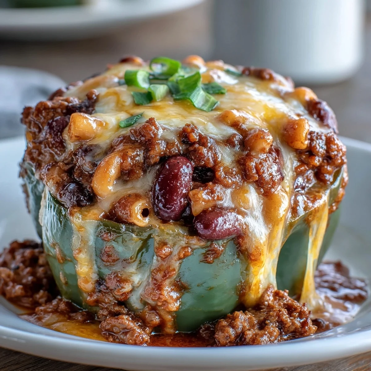 A close-up shot of the finished Baked Chili Mac Stuffed Pepper showing the hearty filling and melted cheese topping.