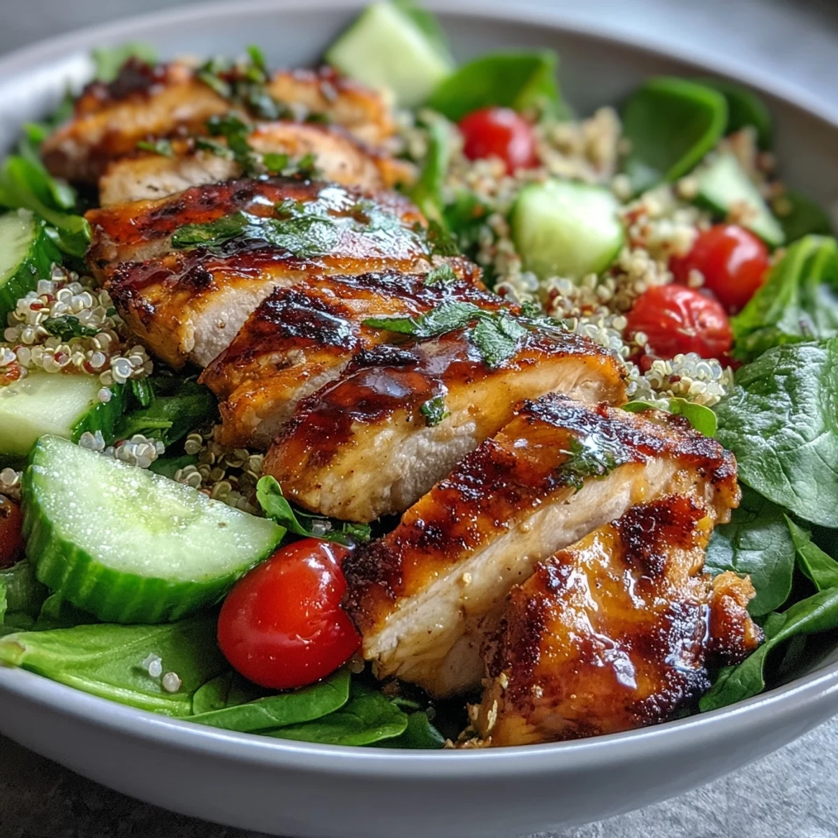 A vibrant bowl of lemon-herb grilled chicken salad with fluffy quinoa, fresh greens, and colorful vegetables.