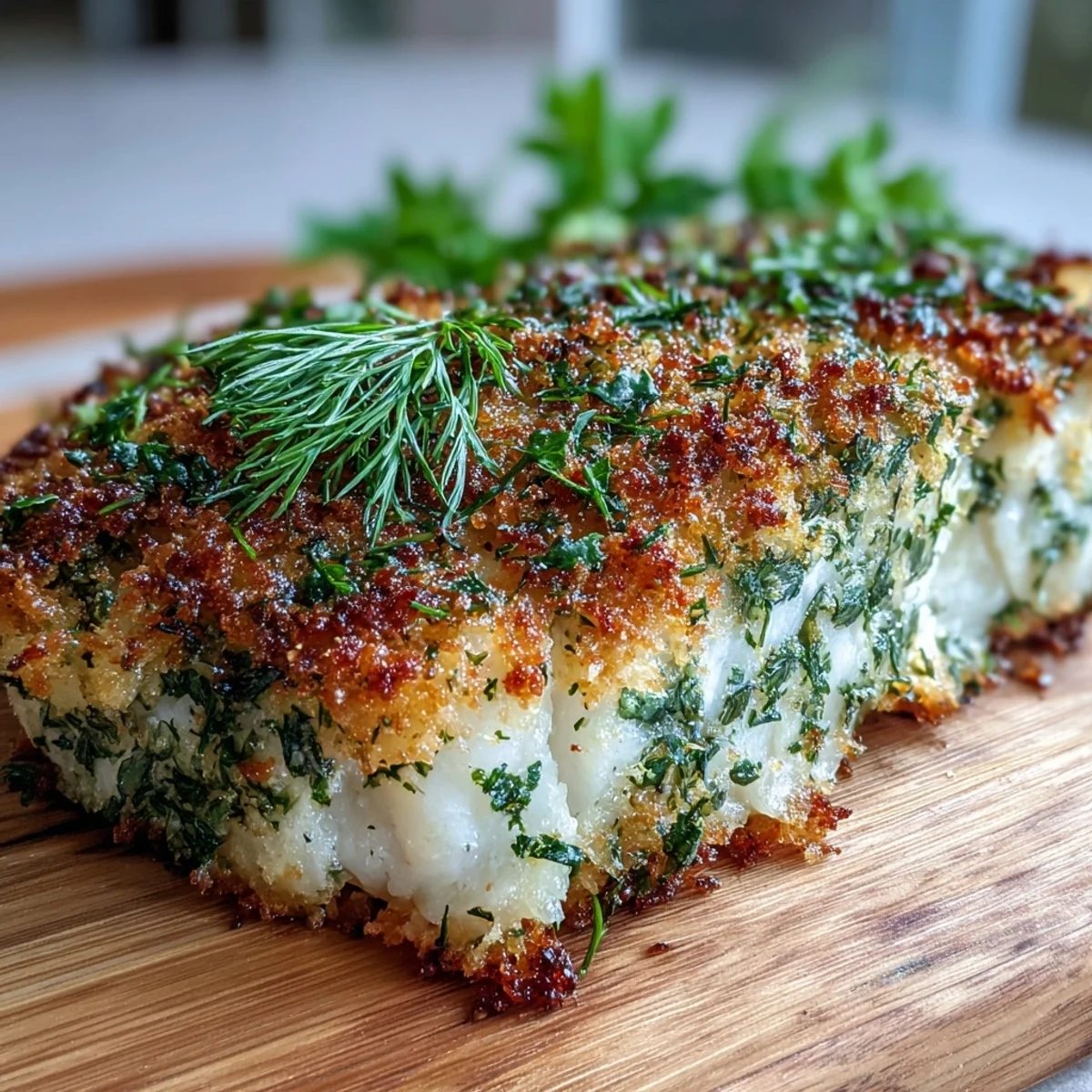A golden herb-crusted cod fillet rests on a colorful medley of roasted vegetables, showcasing fresh flavors and Mediterranean inspiration.
