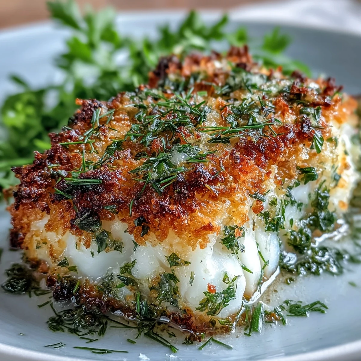 Herb-crusted baked cod with roasted vegetables presents tender fish topped with parsley, dill, and lemon zest alongside caramelized carrots and peppers.