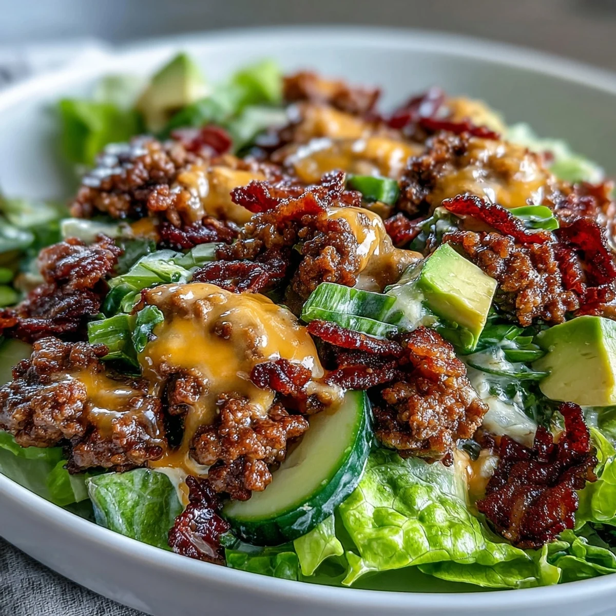 Keto bacon cheeseburger salad with avocado and pickles, featuring crisp romaine, juicy beef, and creamy avocado topped with tangy pickles and melted cheddar.
