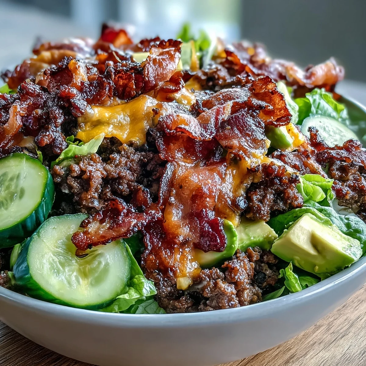 A hearty low-carb bacon cheeseburger salad, loaded with seasoned ground beef, crispy bacon, and fresh avocado, drizzled with savory burger sauce.