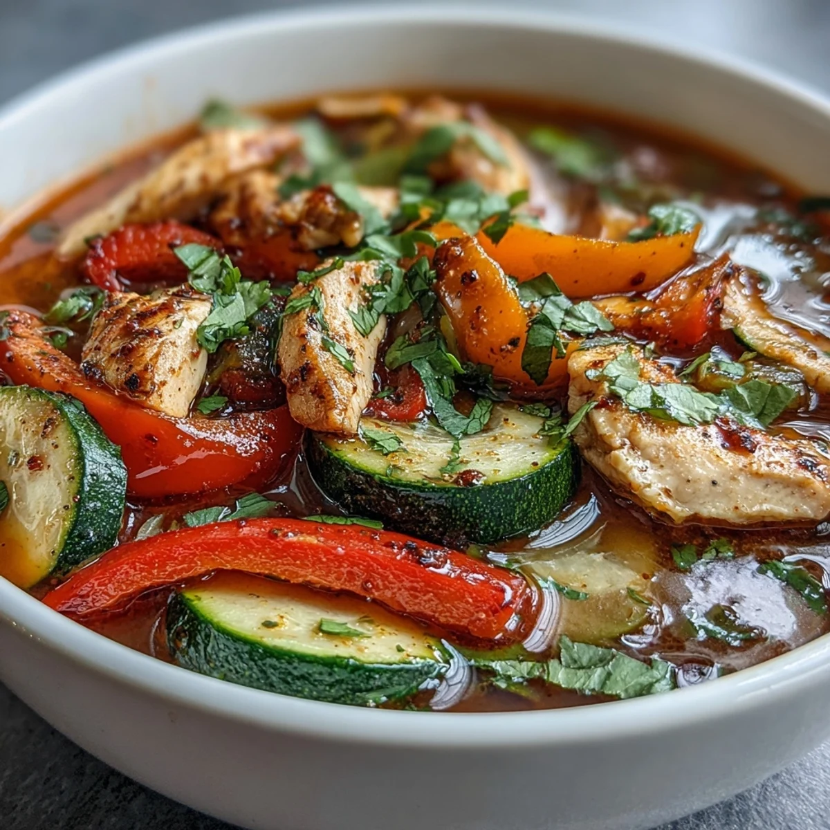 Skinny One-Pot Chicken Fajita Soup with Zucchini and Peppers in a steaming bowl, garnished with fresh cilantro and lime wedge.