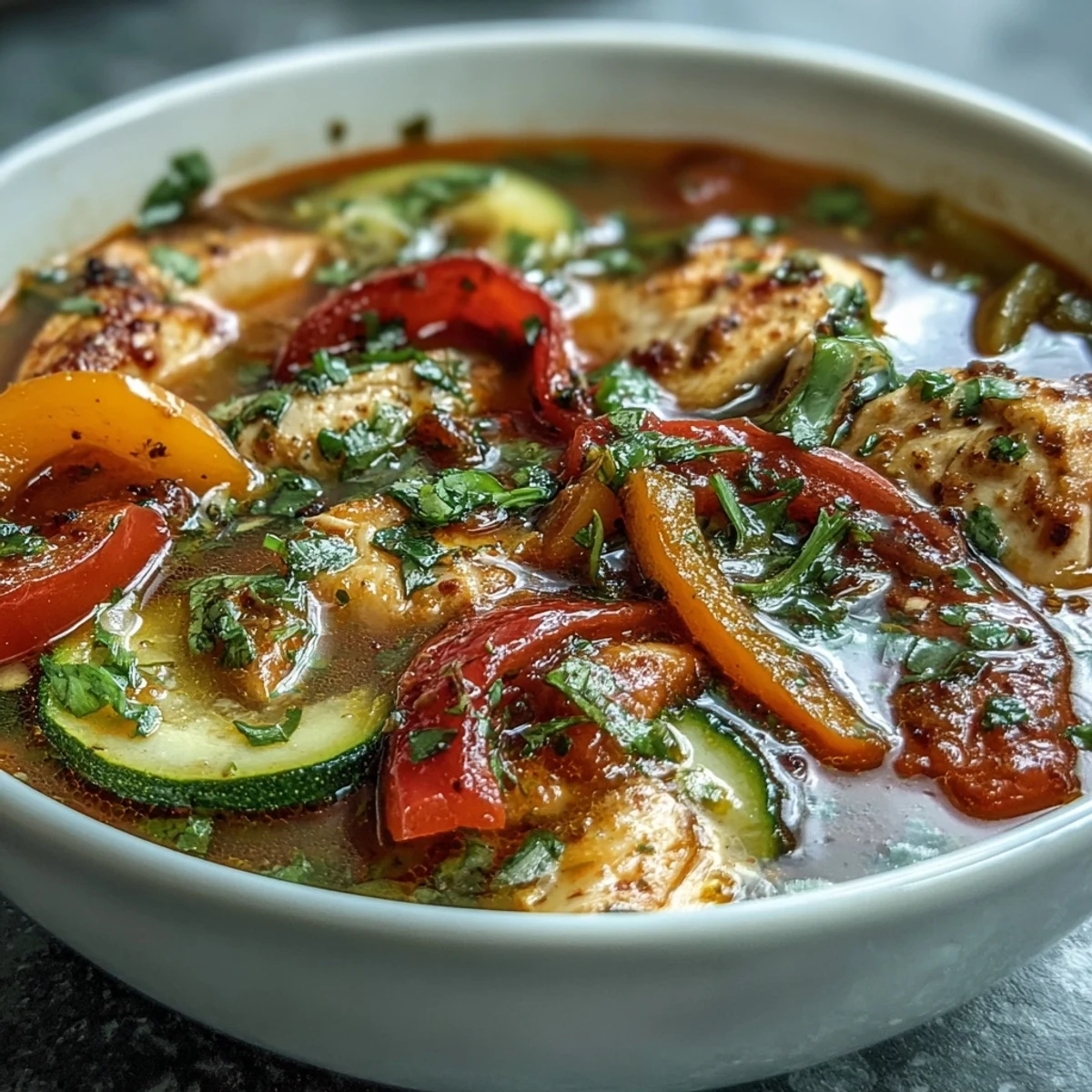 Healthy one-pot chicken fajita soup with vibrant vegetables and smoky spices, served hot and ready to enjoy.