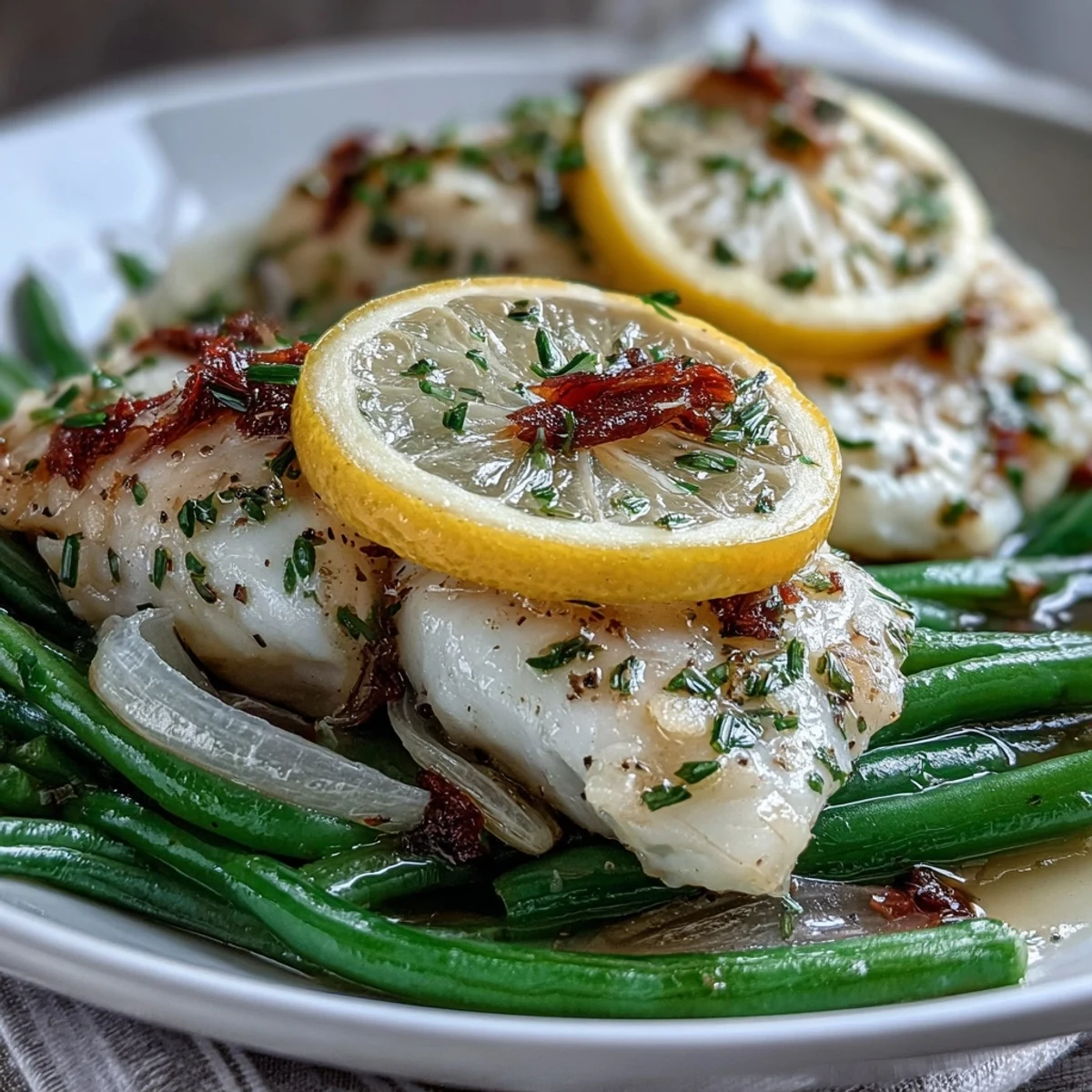 A foil packet of tender tilapia fillets and crisp green beans, infused with zesty lemon and garlic for a light, healthy dinner.