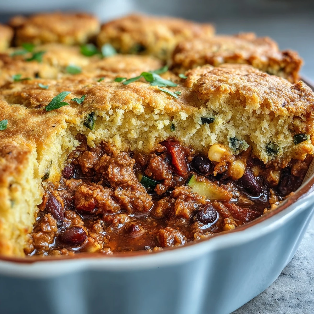 Spicy black bean taco filling topped with fluffy cornbread crust in a cozy baked casserole.  