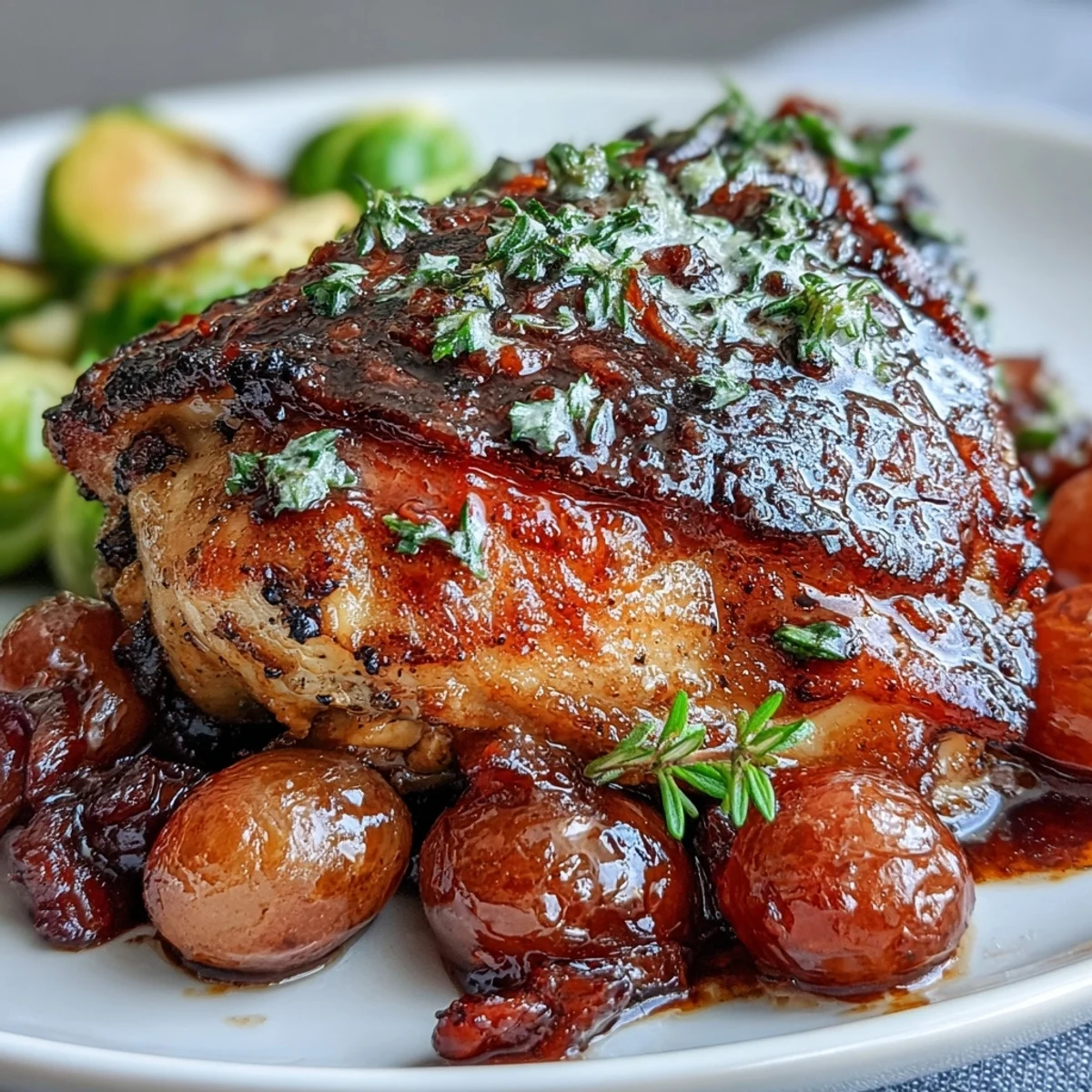 A colorful one-pan dinner featuring tender chicken thighs, caramelized Brussels sprouts, and juicy roasted grapes.  