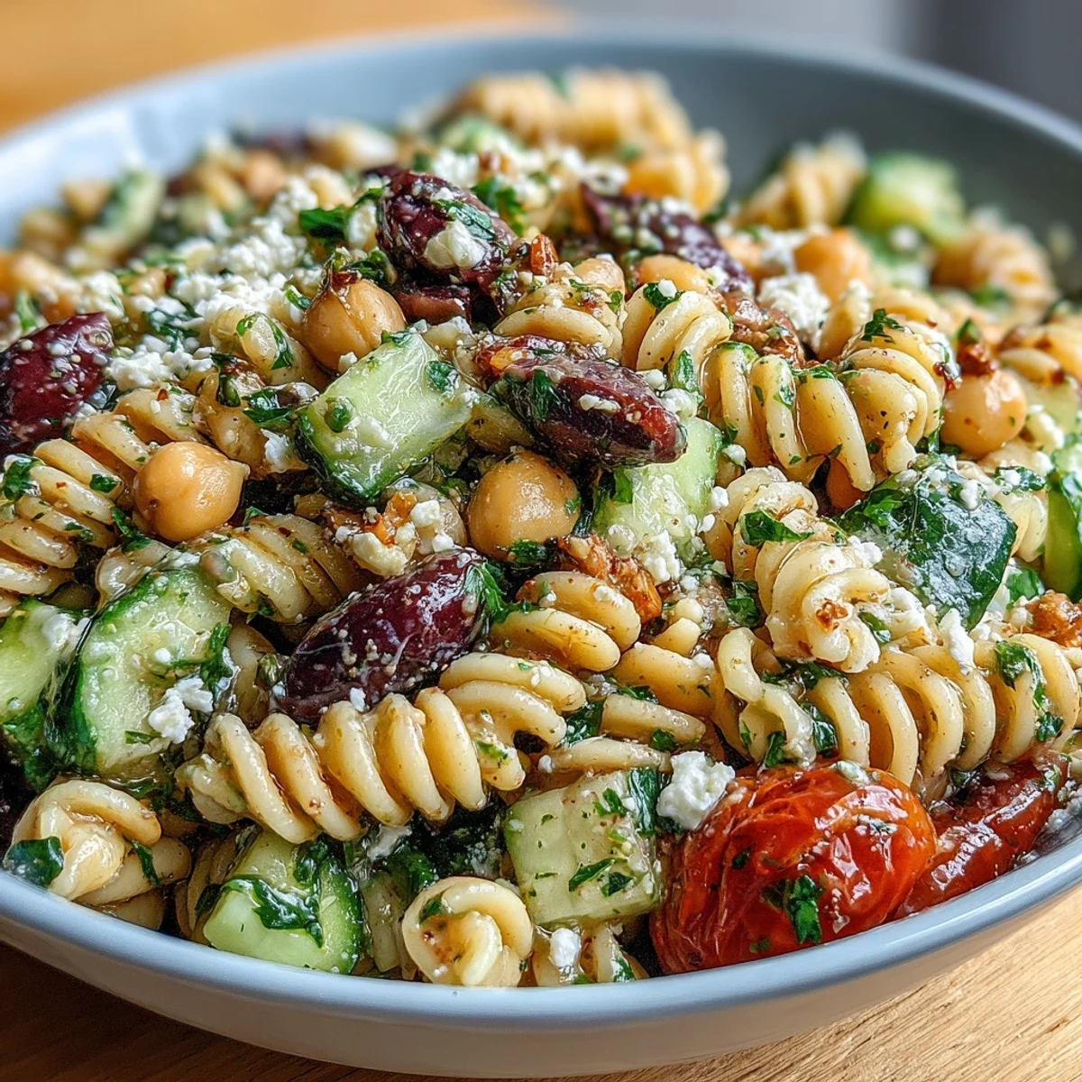 Mediterranean Chickpea Pasta Salad with Cucumber and Olives - A colorful bowl of al dente pasta, crisp cucumber, juicy tomatoes, briny olives, and creamy feta, all tossed in a zesty lemon-herb dressing.  