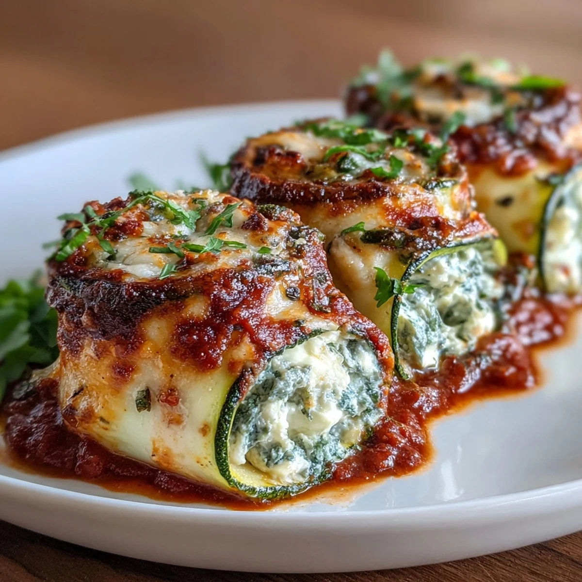 Low-carb zucchini lasagna roll-ups filled with rich ricotta and mozzarella, topped with marinara and melted cheese for a satisfying keto-friendly dinner.
