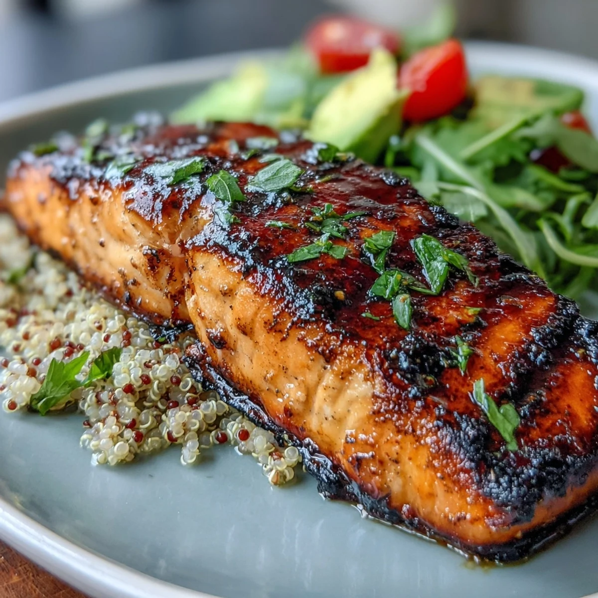 Vibrant grilled salmon power bowl with quinoa, avocado, and citrus dressing, packed with fresh greens and colorful toppings.