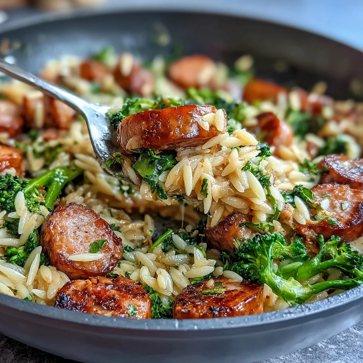Hearty weeknight dinner featuring juicy sausage slices, creamy orzo, and bright broccoli in a savory, lemon-kissed sauce.  