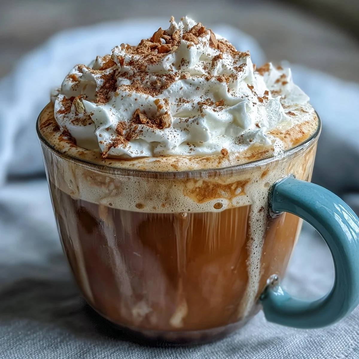 Cozy holiday chai latte topped with spiced whipped cream and dusted with cinnamon for festive cheer.  
