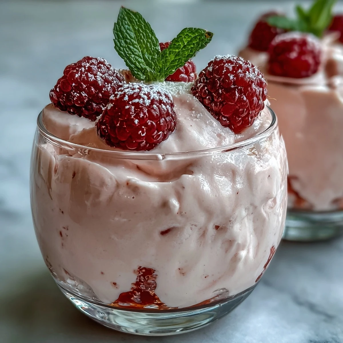 Creamy cottage cheese raspberry mousse topped with fresh berries and mint leaves, a light and protein-rich dessert.