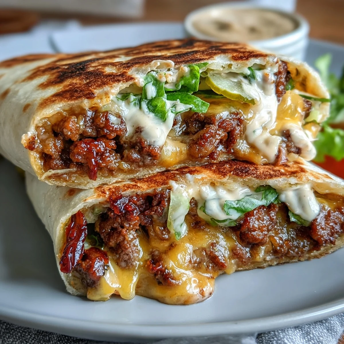 Juicy smash burger tacos sizzling on a hot skillet, topped with melted cheese and crisp lettuce.