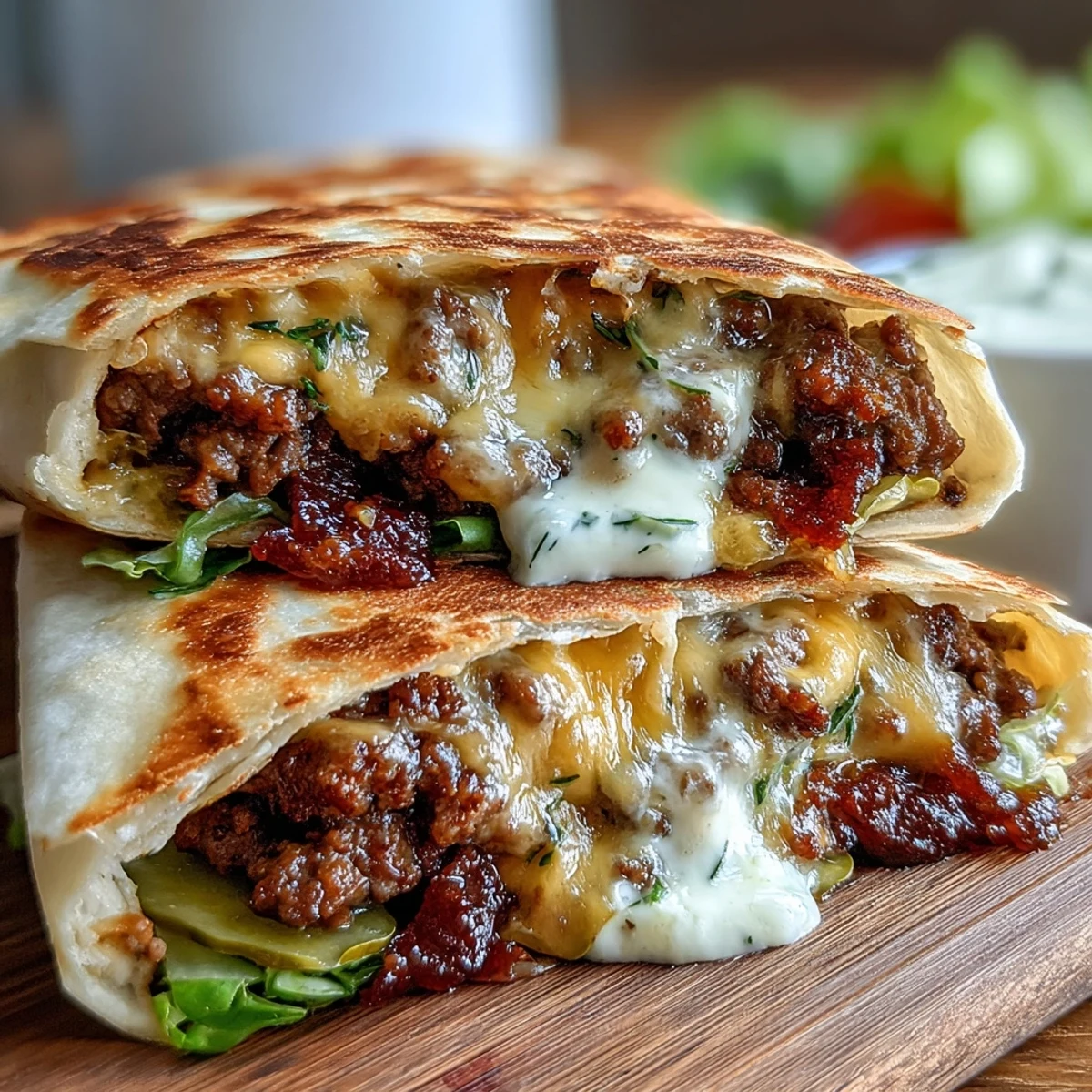 Crispy flour tortillas loaded with seared ground beef, tangy burger sauce, and fresh dill pickles.