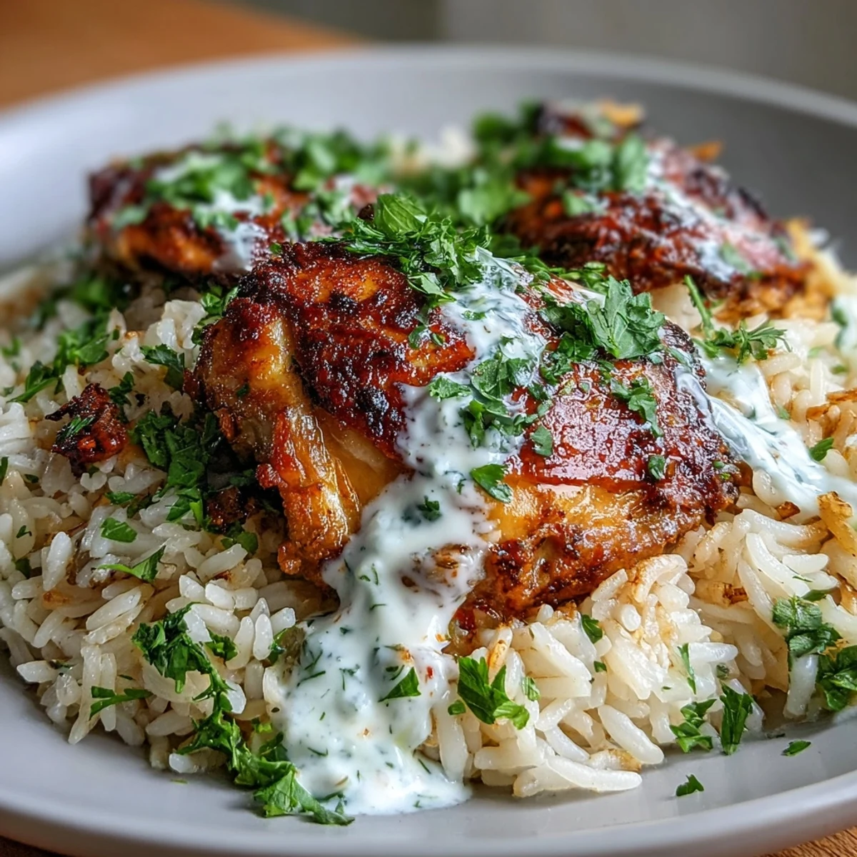 Aromatic one pot shawarma chicken and rice with tender chicken thighs, fragrant spices, and fluffy basmati rice, finished with a creamy yogurt drizzle.  