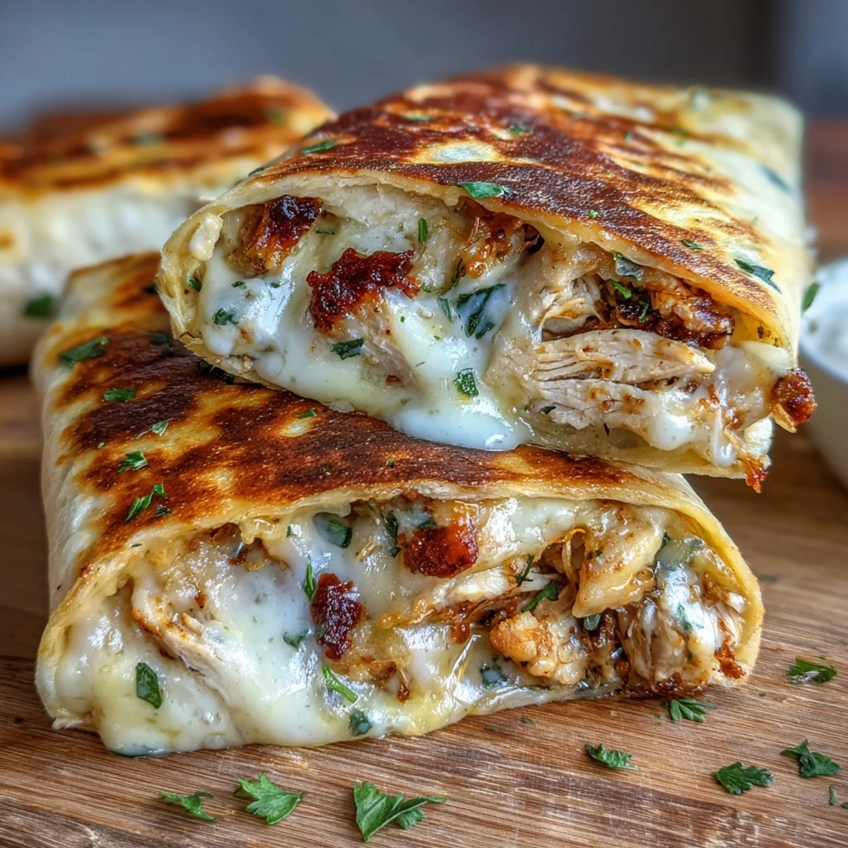 Keto-friendly cheesy garlic chicken wraps featuring creamy cheese blend, seasoned chicken, and a crispy tortilla exterior for a flavorful low-carb dinner.