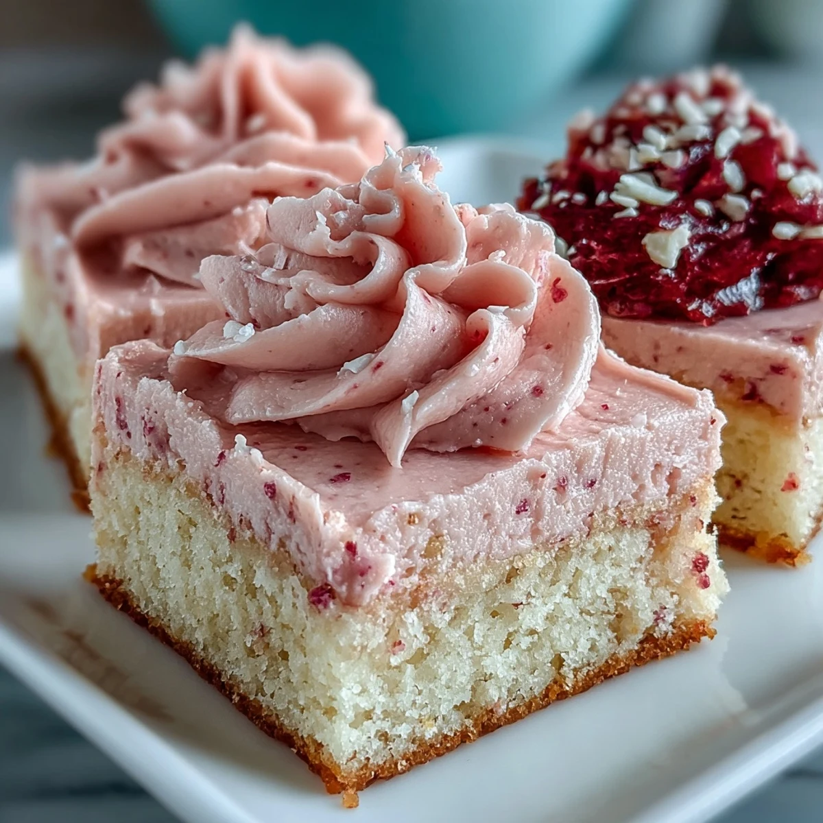 Buttery sugar cookie bars topped with naturally flavored strawberry frosting and festive red sprinkles, ideal for sharing with loved ones.