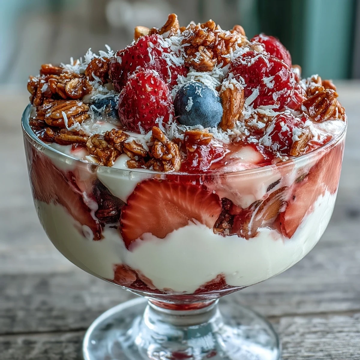 Customize your own parfait with layers of Greek yogurt, sliced strawberries, crunchy granola, and sweet honey drizzle at a Galentines brunch.