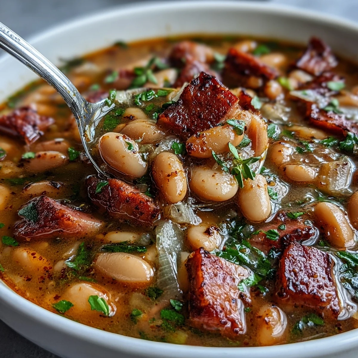 A steaming bowl of ham bone bean soup with smoky paprika, filled with tender beans and savory ham chunks, perfect for cold weather comfort.