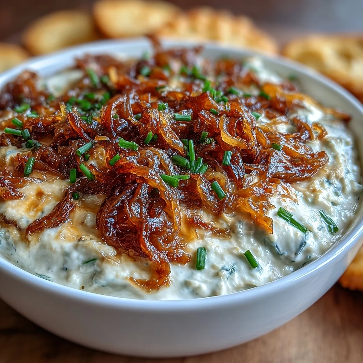 Creamy caramelized onion dip with Greek yogurt base, perfect for parties and served with crunchy vegetable sticks.  