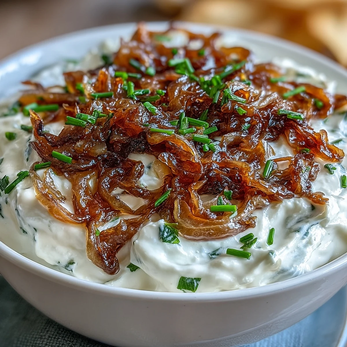 Rich, tangy dip featuring deeply caramelized onions blended into smooth Greek yogurt—ideal for crackers or chips.  