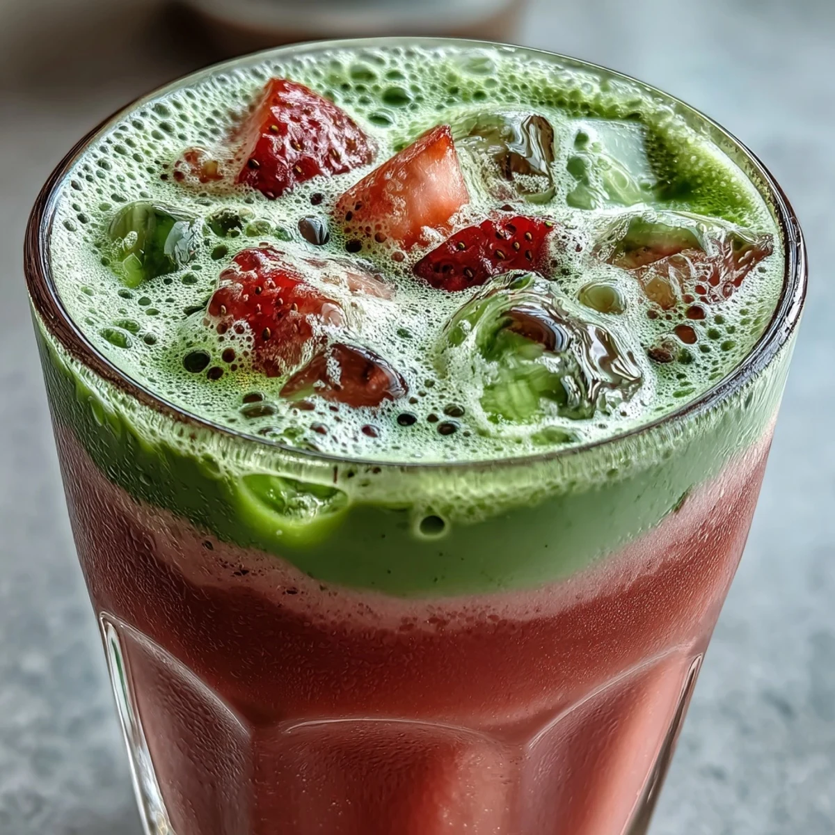 Layered strawberry matcha iced latte with sweet fruit, green tea, and chilled oat milk for a vegan treat.