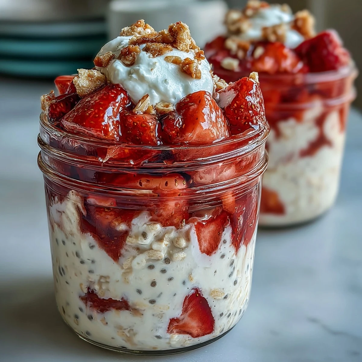 Velvety overnight oats with sweet strawberries and vanilla, topped with crushed cookies for a classic strawberry shortcake twist.