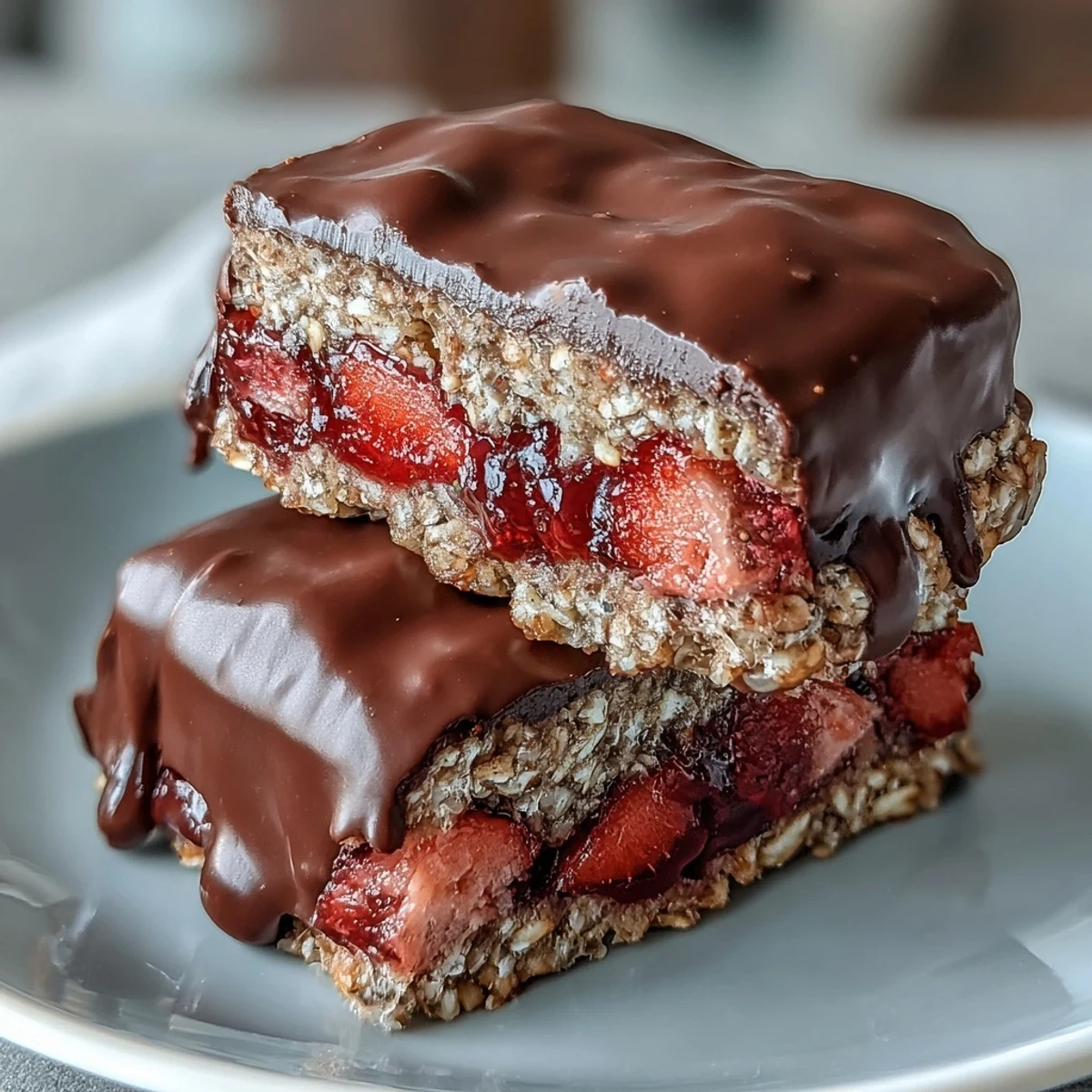 Chocolate-dipped strawberry oat bars with layers of jam and chocolate, perfect for dessert or snacking.  