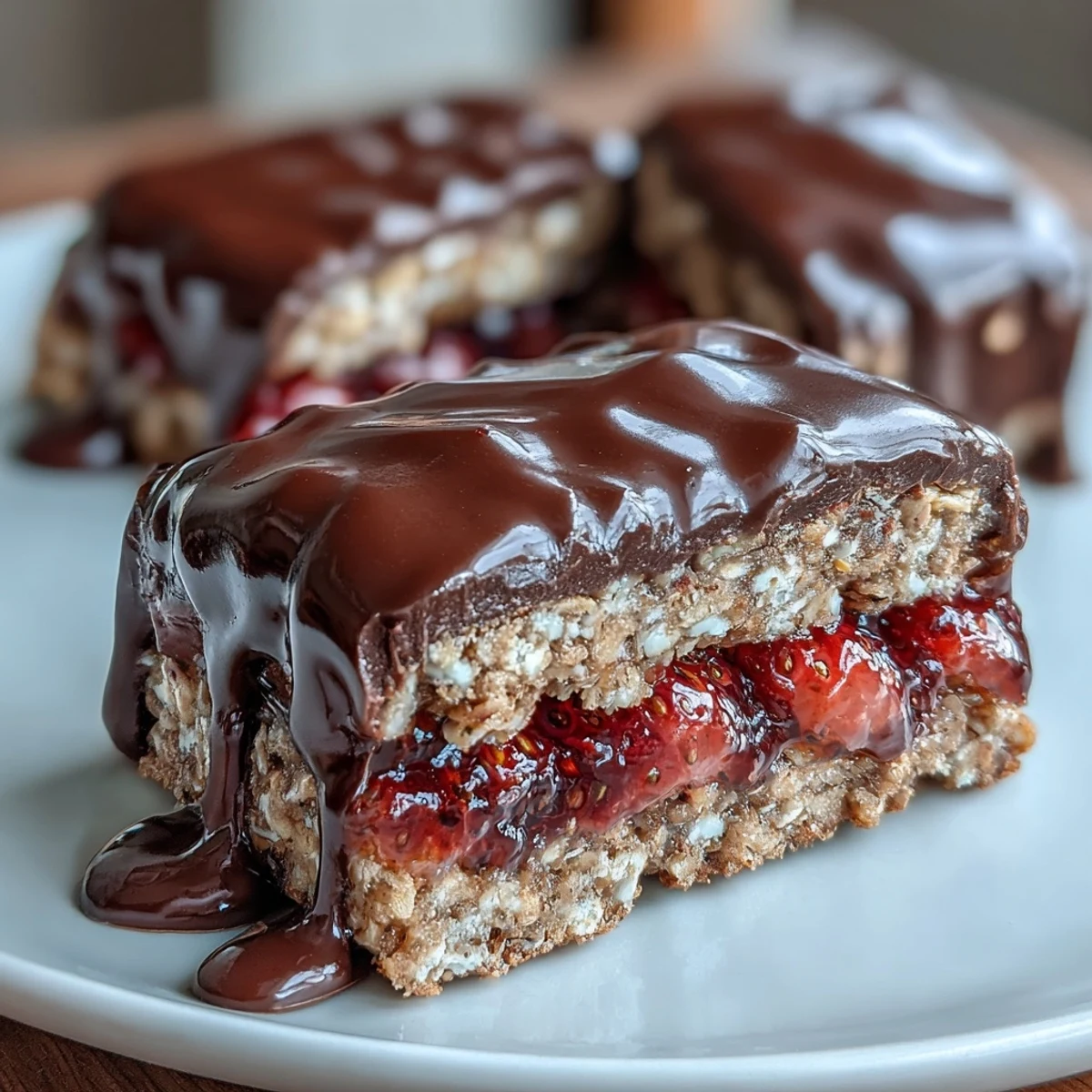 Chewy oat base topped with strawberry preserves and freeze-dried berries, finished with rich chocolate coating.  