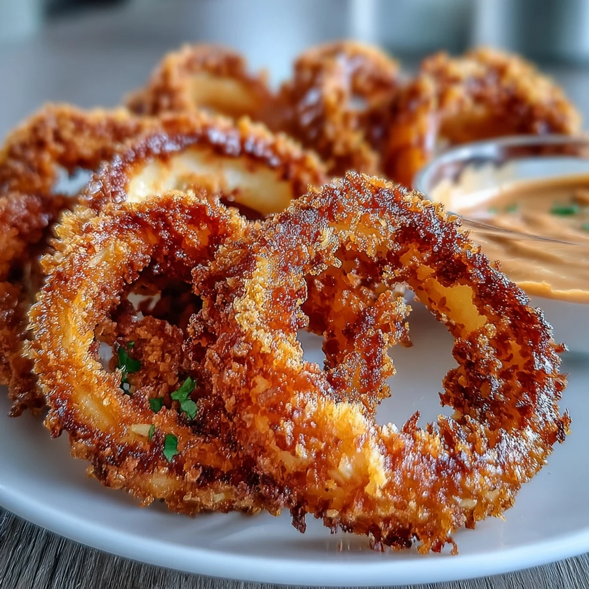 Oven-baked onion rings served with creamy, smoky paprika dip, offering a crunchy and flavorful twist on a classic favorite.  