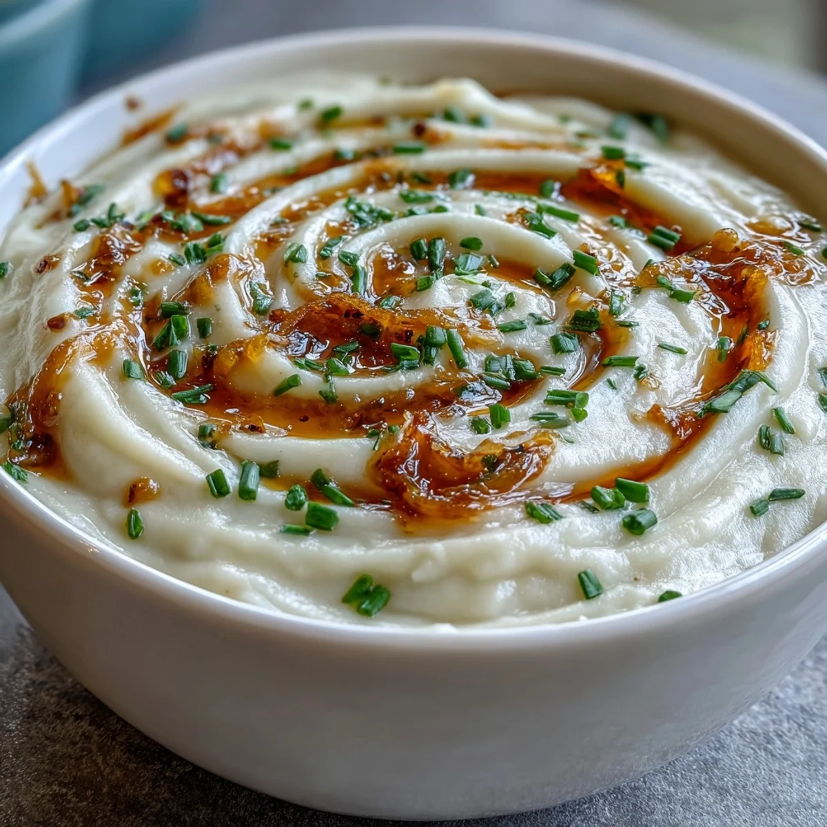 Creamy Onion and Cauliflower Soup in a white bowl with a swirl of cream and chopped chives on top.  