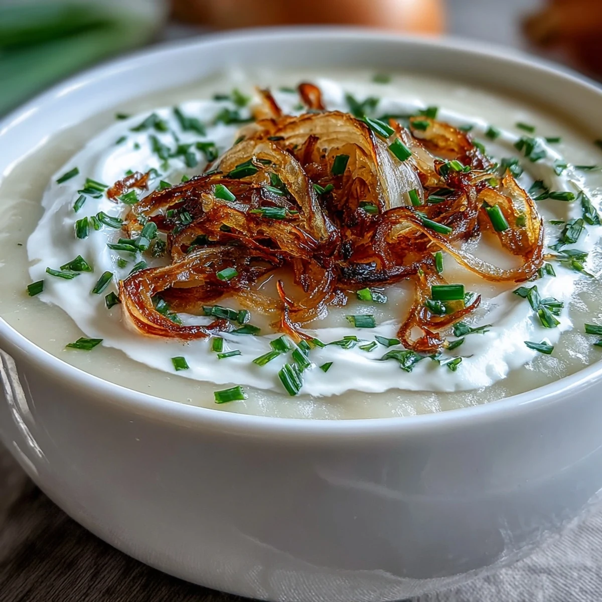 A steaming bowl of velvety cauliflower and onion soup, garnished with fresh parsley for a cozy meal.  